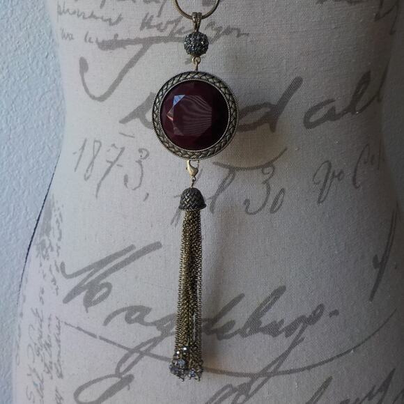 Long Golden Chain Necklace with Round Accent in Red Gray Golden Tassels Crystals - Picture 5 of 8